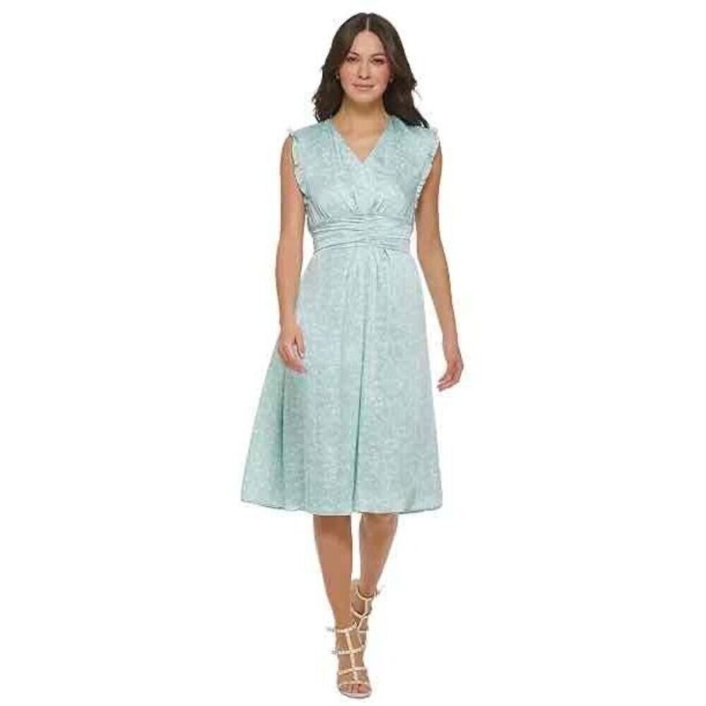 NWT DKNY Womens Blue Printed V-Neck Cinched Waist Midi Dress Size 8